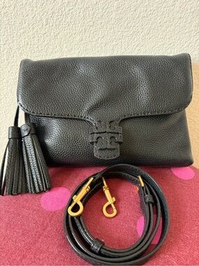 Tory Burch Black Pebbled Leather Crossbody with Tassel